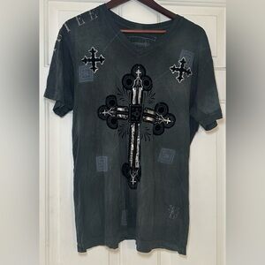 Vintage Y2k‎ Remetee By Affliction Cross Crest Print Mens L T-Shirt Black/Gray